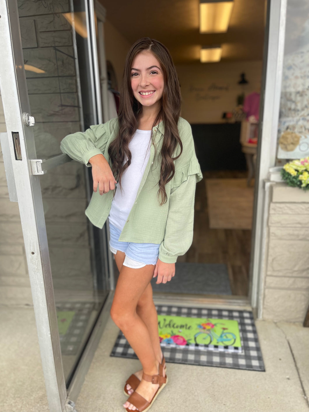 Sage Button Up Top- Tween