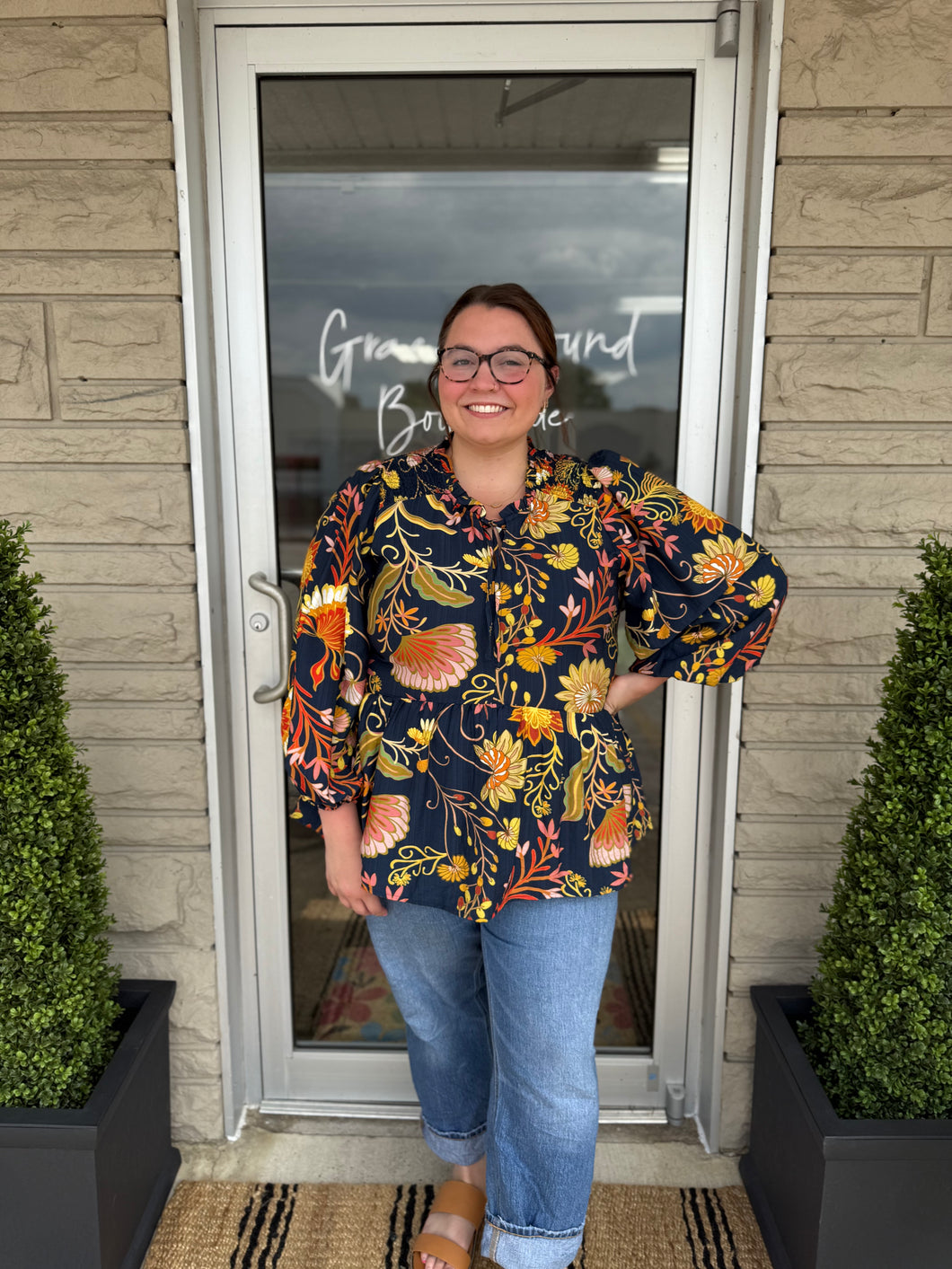 Navy Floral Top- Plus